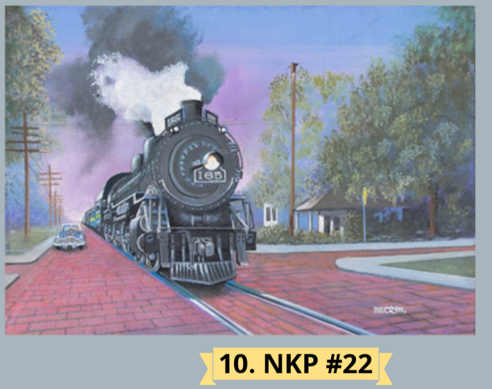 A vintage steam locomotive is depicted, billowing smoke, on a brick street with trees and a house in the background.