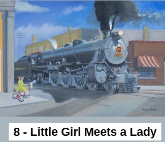 A steam locomotive on a street with a little girl on a tricycle nearby. Text below reads: "8 - Little Girl Meets a Lady."
