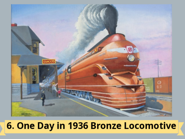 A vibrant painting of a bronze locomotive at a station labeled "EDWOOD," with smoke billowing from the train.