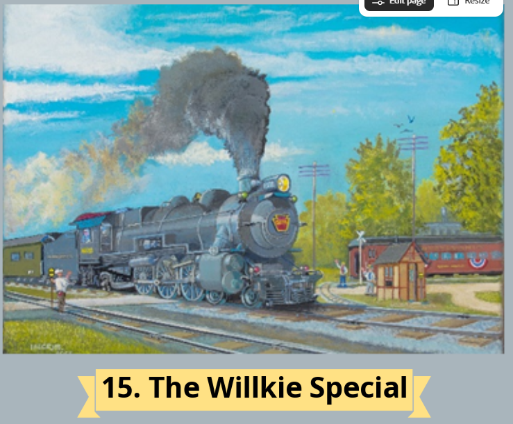 The image features a colorful painting of a steam locomotive called "The Willkie Special," set in a train station environment.