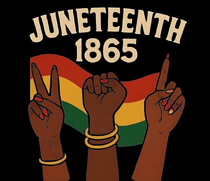 Three raised fists with different gestures, "JUNETEENTH 1865" text, against a red, yellow, and green background.