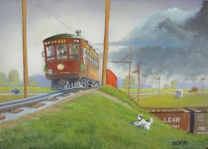 May contain: car, transportation, vehicle, art, painting, person, animal, canine, dog, mammal, pet, railway, and train