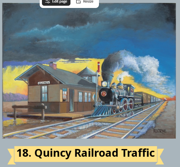 A painted scene featuring a vintage steam train near a train station labeled "Quincy," under a dramatic sky.