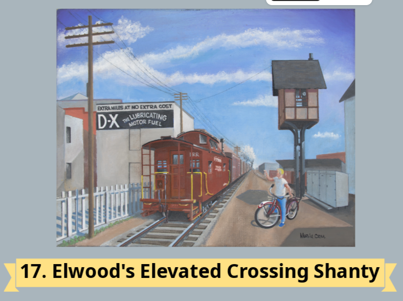 The image features a painting of a train at a crossing, with a boy on a bicycle and a sign for DX lubricating motor fuel.