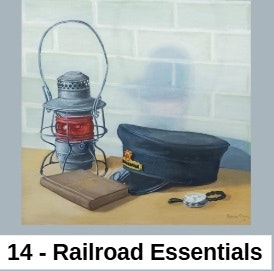 A lantern, a conductor's hat, a pocket watch, and a book, labeled "14 - Railroad Essentials."
