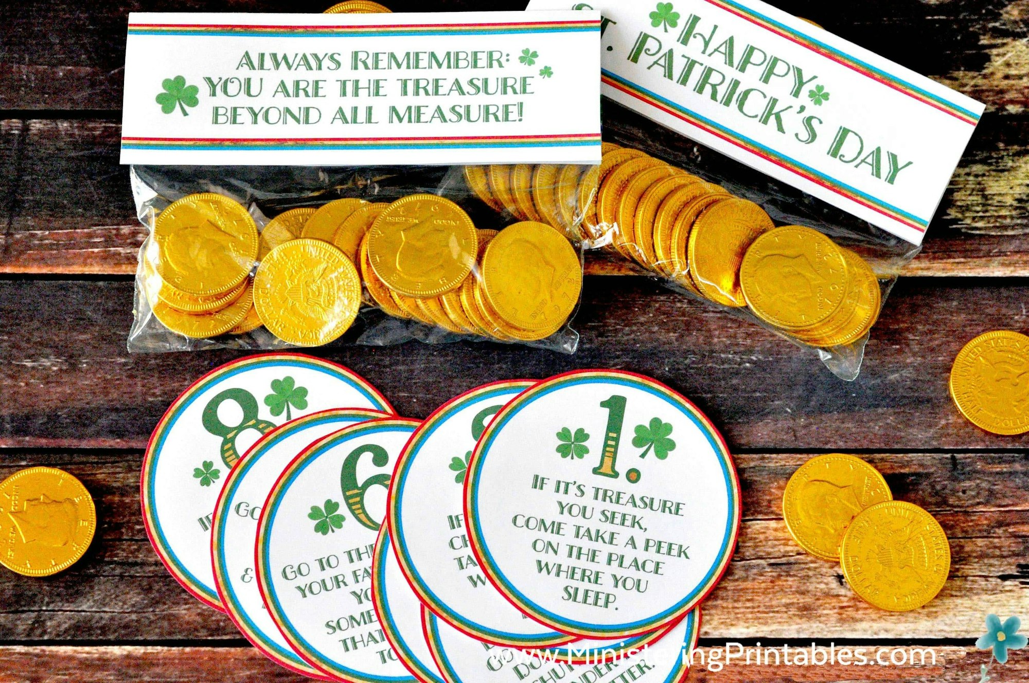St. Patrick's Day cards, gold chocolate coins, and themed notes with festive messages and clues.