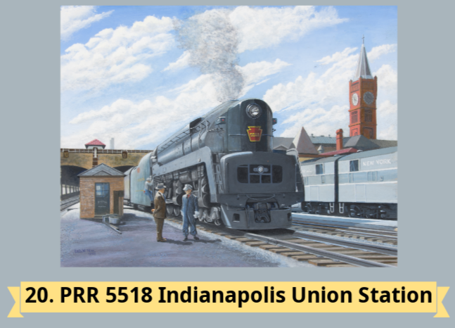 An artistic depiction of PRR 5518 steam locomotive at Indianapolis Union Station, with two men near the train.