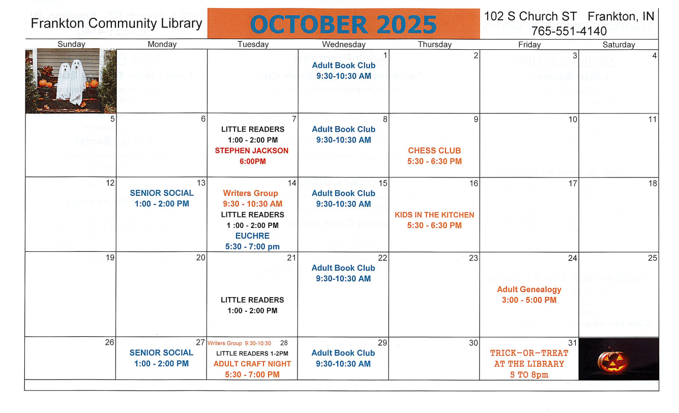 Frankton Library calendar for October 2025 with events like book clubs, social gatherings, and Halloween activities.
