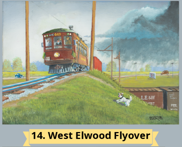 The image depicts a vintage streetcar crossing an elevated track, with a dog playing nearby and a stormy sky in the background.