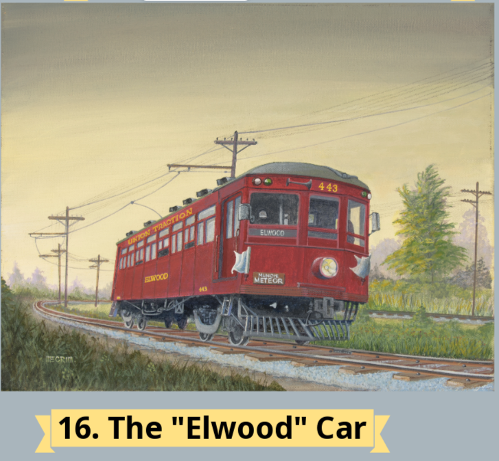 A vintage red train car, labeled "Elwood," travels on tracks with a serene landscape in the background.