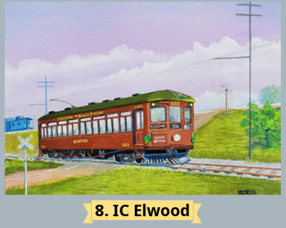 A colorful painting of the IC Elwood train, with a green landscape and distant utility poles.