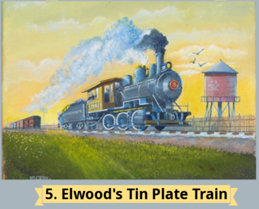 A vintage train, Elwood's Tin Plate Train, is depicted in a colorful landscape with a water tower and bright sky.