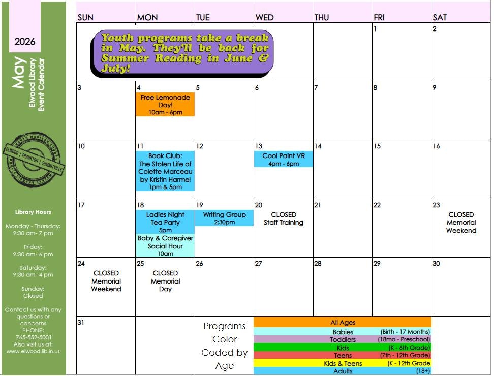 The image is a May 2026 event calendar for Elwood Library, listing activities and closed dates, with a focus on youth programs.
