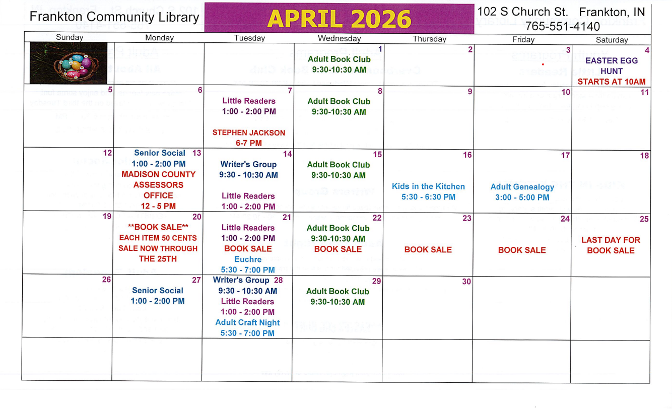 A calendar for April 2026 at Frankton Community Library, featuring events like book sales, reader groups, and a senior social.