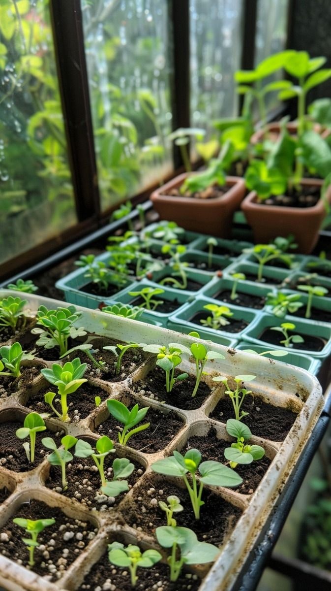 Young seedlings in small pots, by a window with condensation.