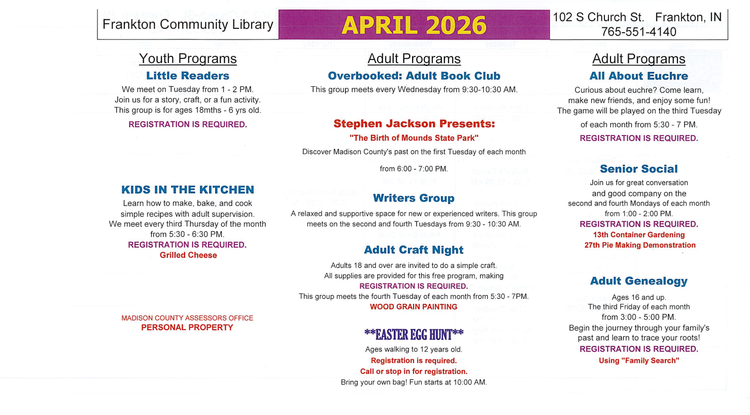 Frankton Community Library's April 2026 programs include youth activities, book clubs, crafting, cooking, and genealogy. Registration required.