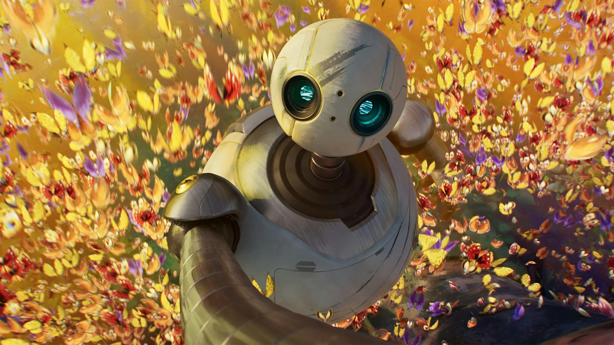 A robot with large eyes surrounded by colorful, flying butterflies.