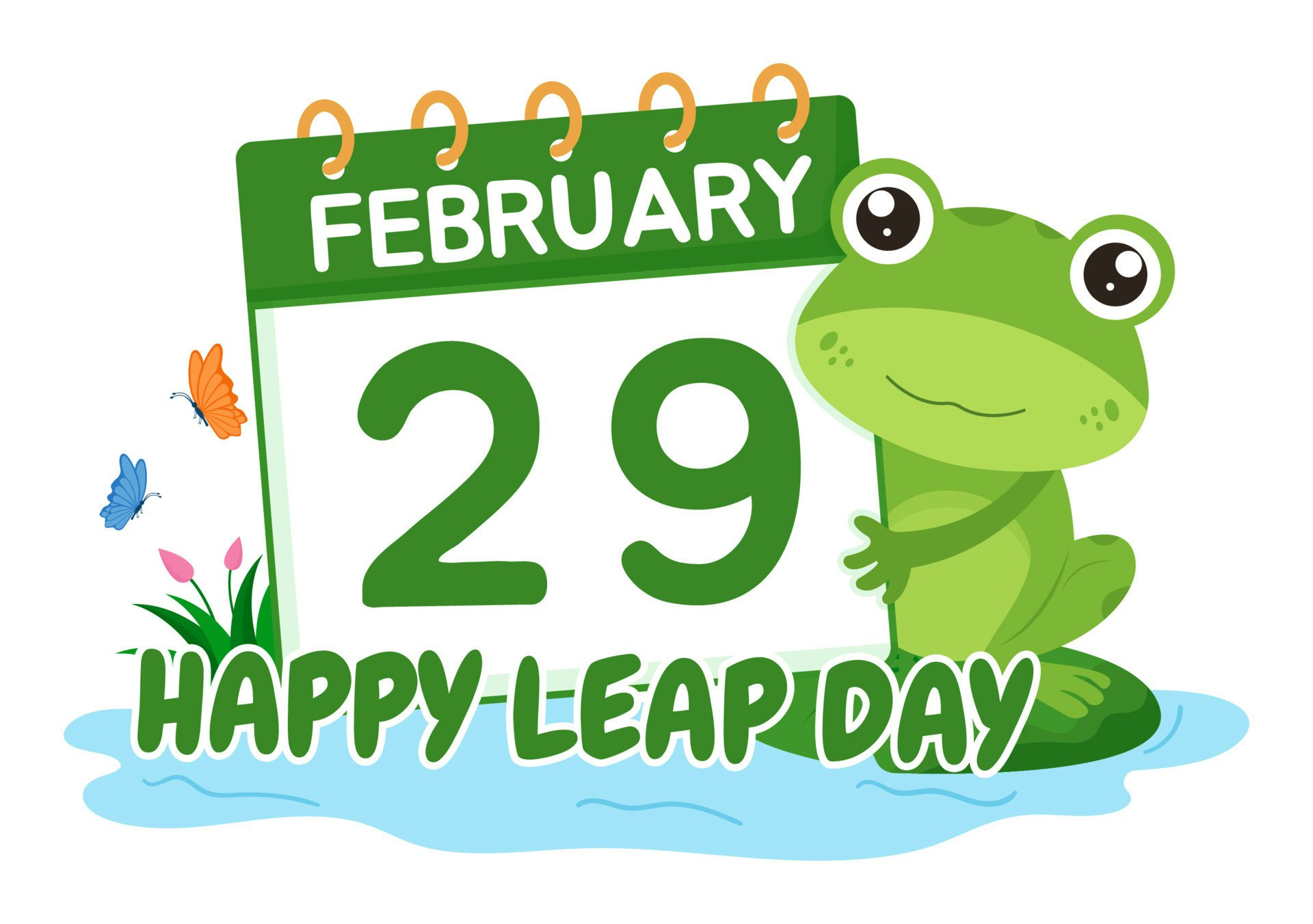 A calendar showing February 29 with a frog and "Happy Leap Day" text.