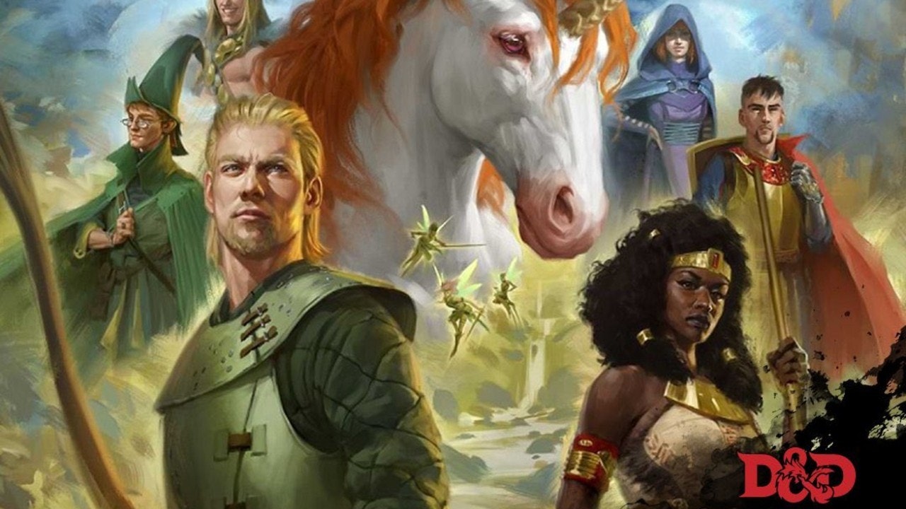 A group of fantasy characters with a unicorn, fairies, and warriors, featuring "D&D" branding in the corner.