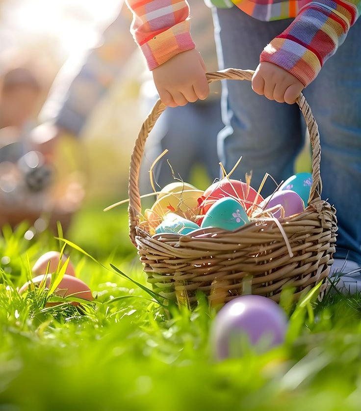 Child holding a basket of colorful Easter eggs in a grassy field.