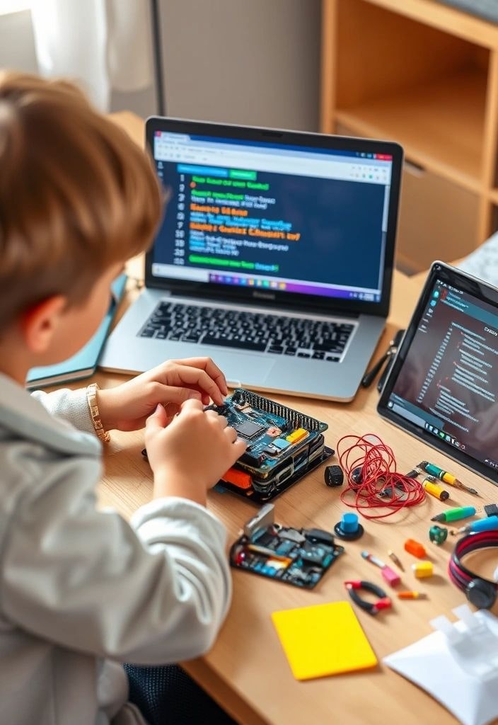 A child assembles an electronic device on a desk with coding displayed on a laptop and tablet, surrounded by tools and components.