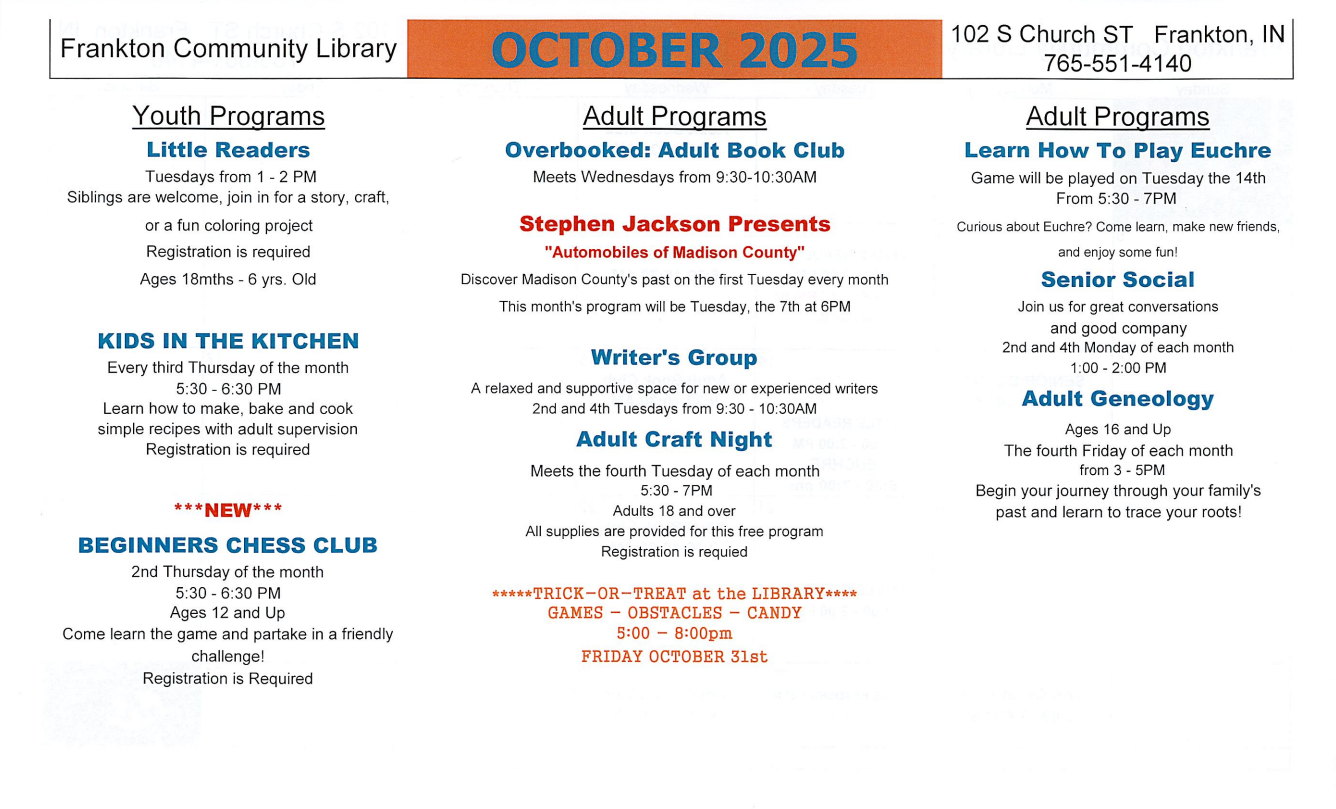 Frankton Community Library October 2025 programs: Book club, crafts, chess, genealogy, kitchen activities, social events, and more.