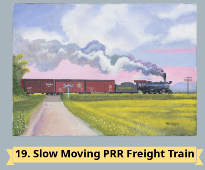 A peaceful scene of a slow-moving PRR freight train amidst fields and a colorful sky, with a dirt road leading towards it.