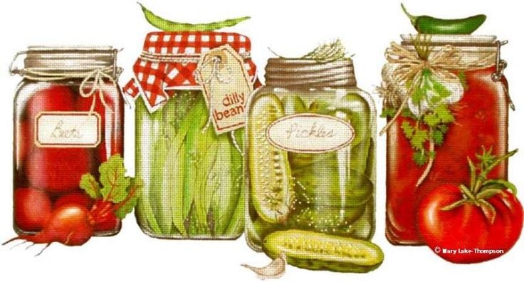 Four jars of preserved vegetables: beets, dilly beans, pickles, and tomatoes with decorative lids.