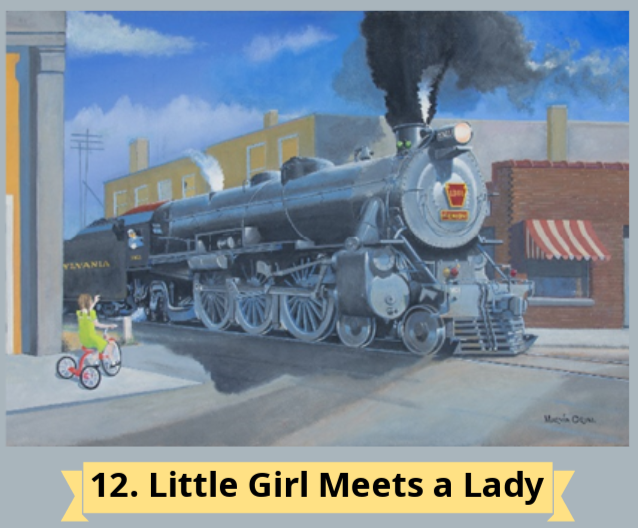 A painting titled "Little Girl Meets a Lady," depicting a girl on a bike as a steam train passes by in a colorful urban scene.
