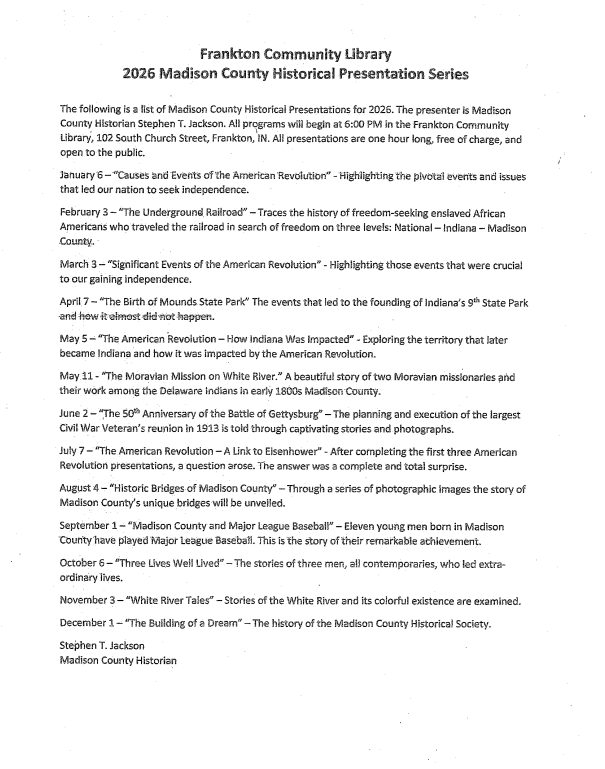 List of historical presentations at Frankton Community Library for 2026 by historian Stephen T. Jackson, covering various local topics.