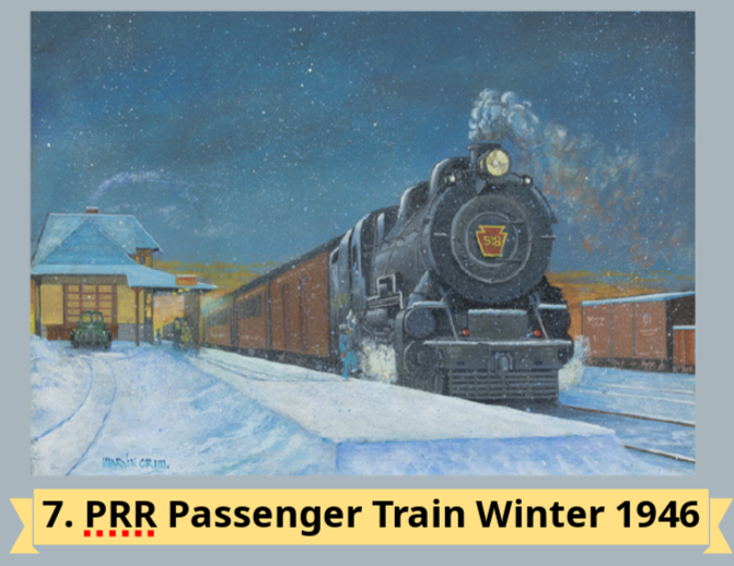 A winter scene featuring a PRR passenger train from 1946, snow-covered tracks, and a station in the background.