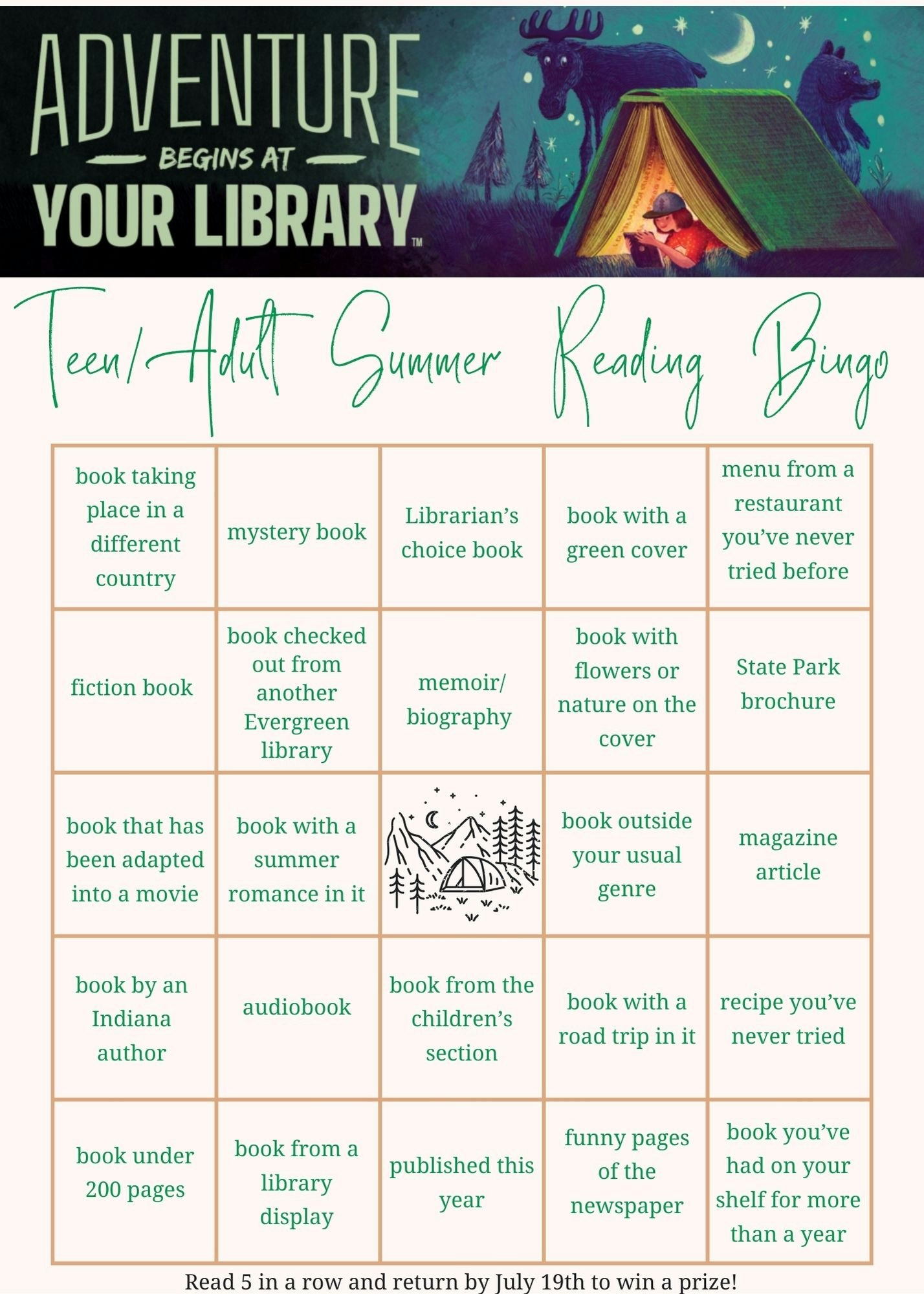 An image of a "Teen/Adult Summer Reading Bingo" flyer with a grid of various reading challenges.