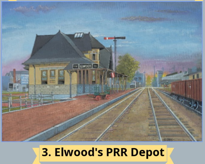 The image depicts Elwood's PRR Depot, featuring a station, railway tracks, and a vintage aesthetic.