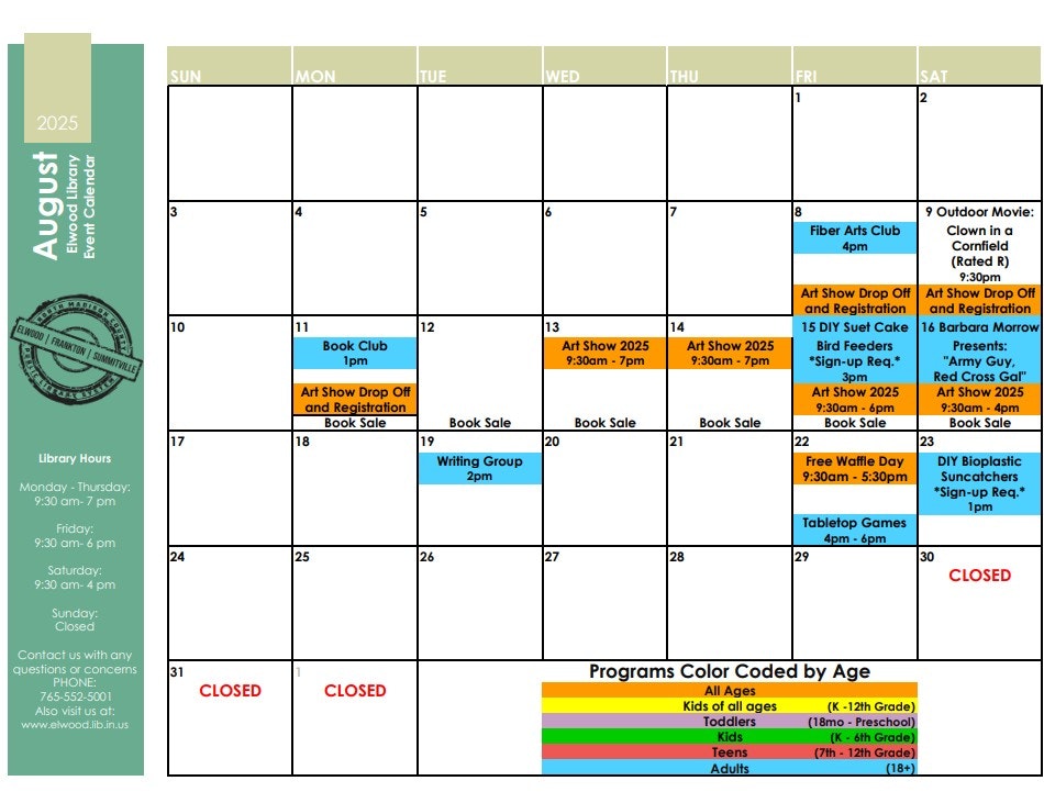 August 2025 library event calendar with activities like book club, art show, and outdoor movie. Programs color-coded by age group.