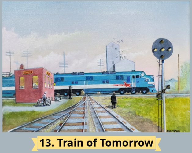 A colorful painting of a blue train at a station with a building, a signal, and a figure standing on the tracks.