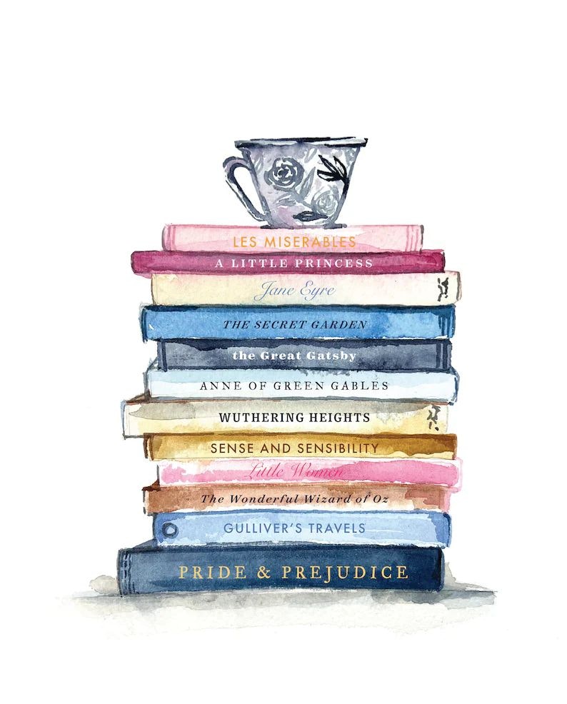 A watercolor of a stacked pile of classic novels with a floral teacup on top.