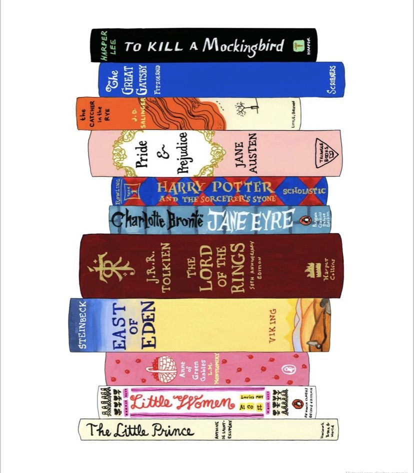 A stack of classic book spines including "To Kill a Mockingbird" and "The Great Gatsby."