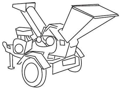 A line drawing of a wood chipper with two funnels and wheels.