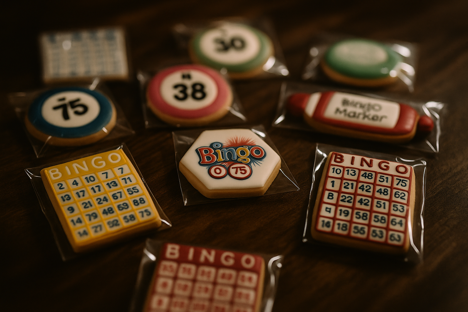 Decorative cookies resembling bingo cards, numbers, and a marker, individually wrapped.
