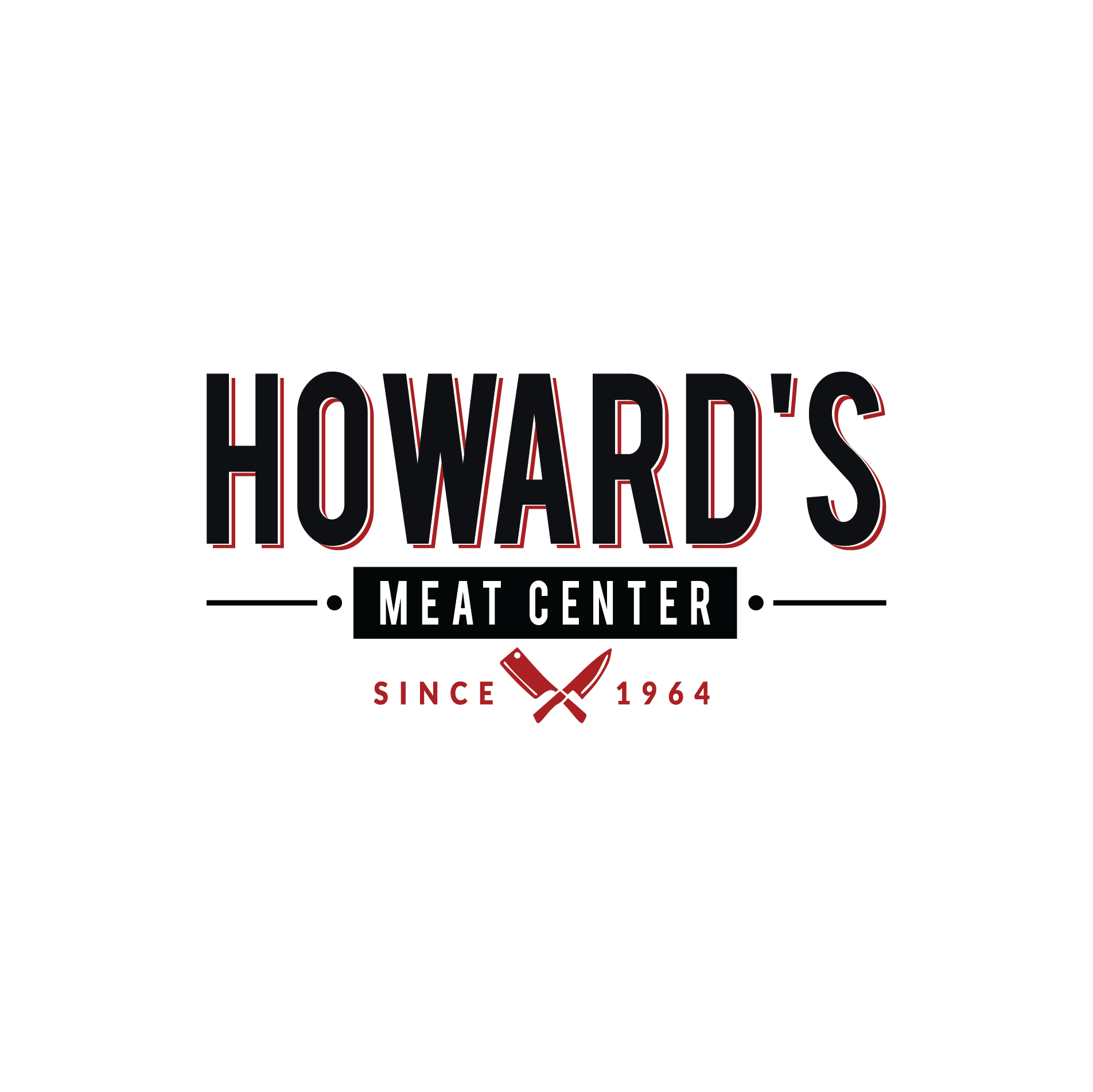 Logo for Howard's Meat Center, established in 1964, featuring a cleaver and knife icon.