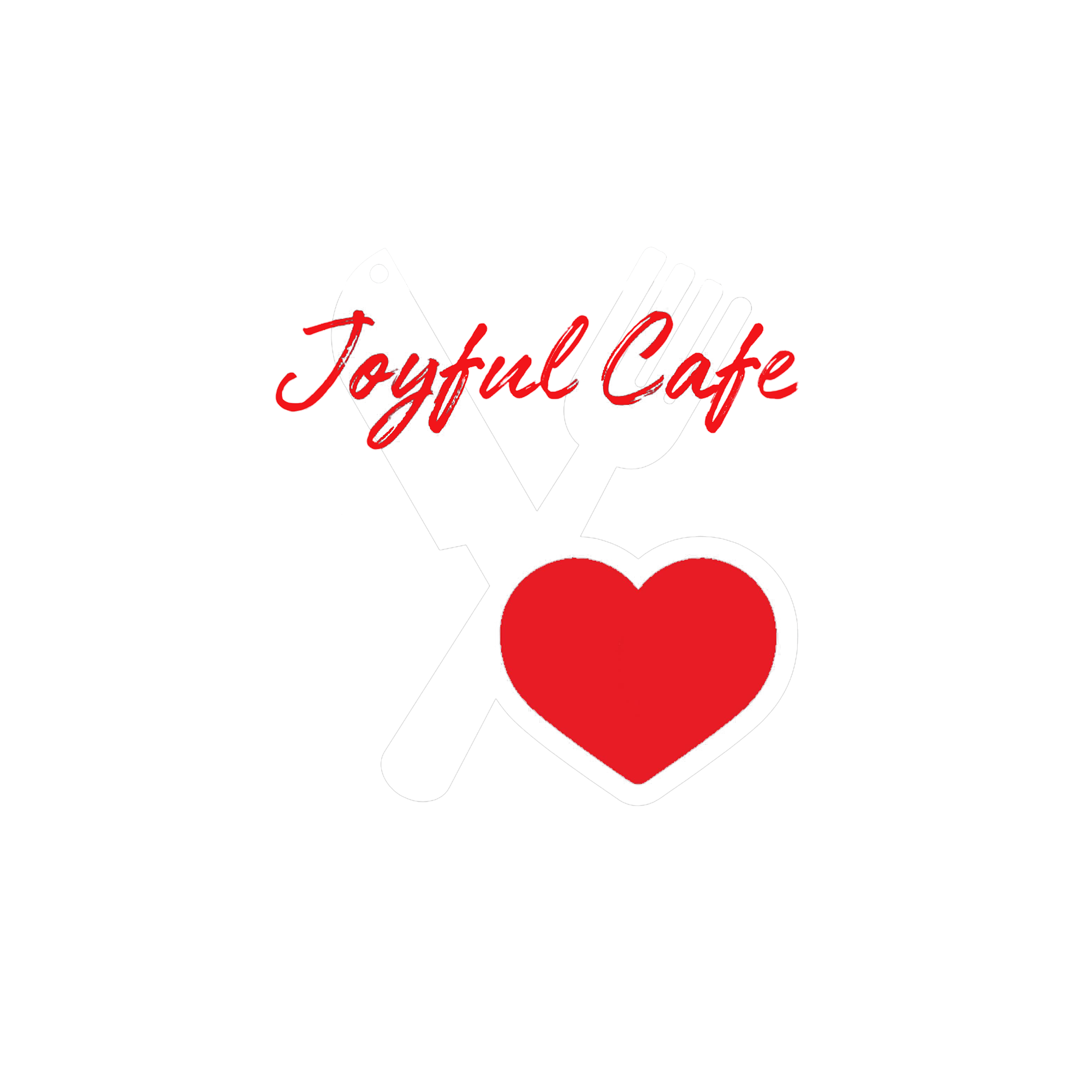 Knife, fork, and heart with "Joyful Cafe" text on a black background.