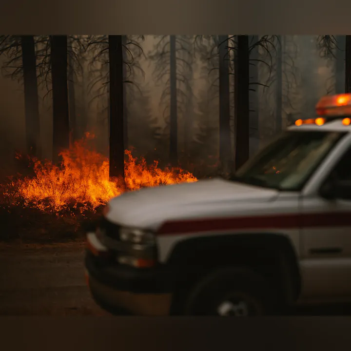 Wildfire burning through a forest, with an emergency vehicle in the foreground.
