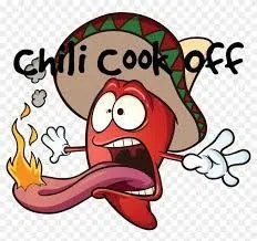 A cartoon chili pepper wearing a sombrero with a fiery tongue, labeled "Chili Cook Off."
