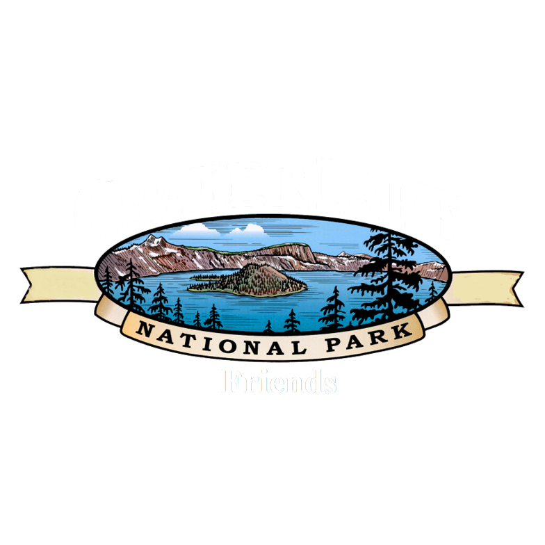 Logo of Crater Lake National Park with a scenic view and "Friends" text below.