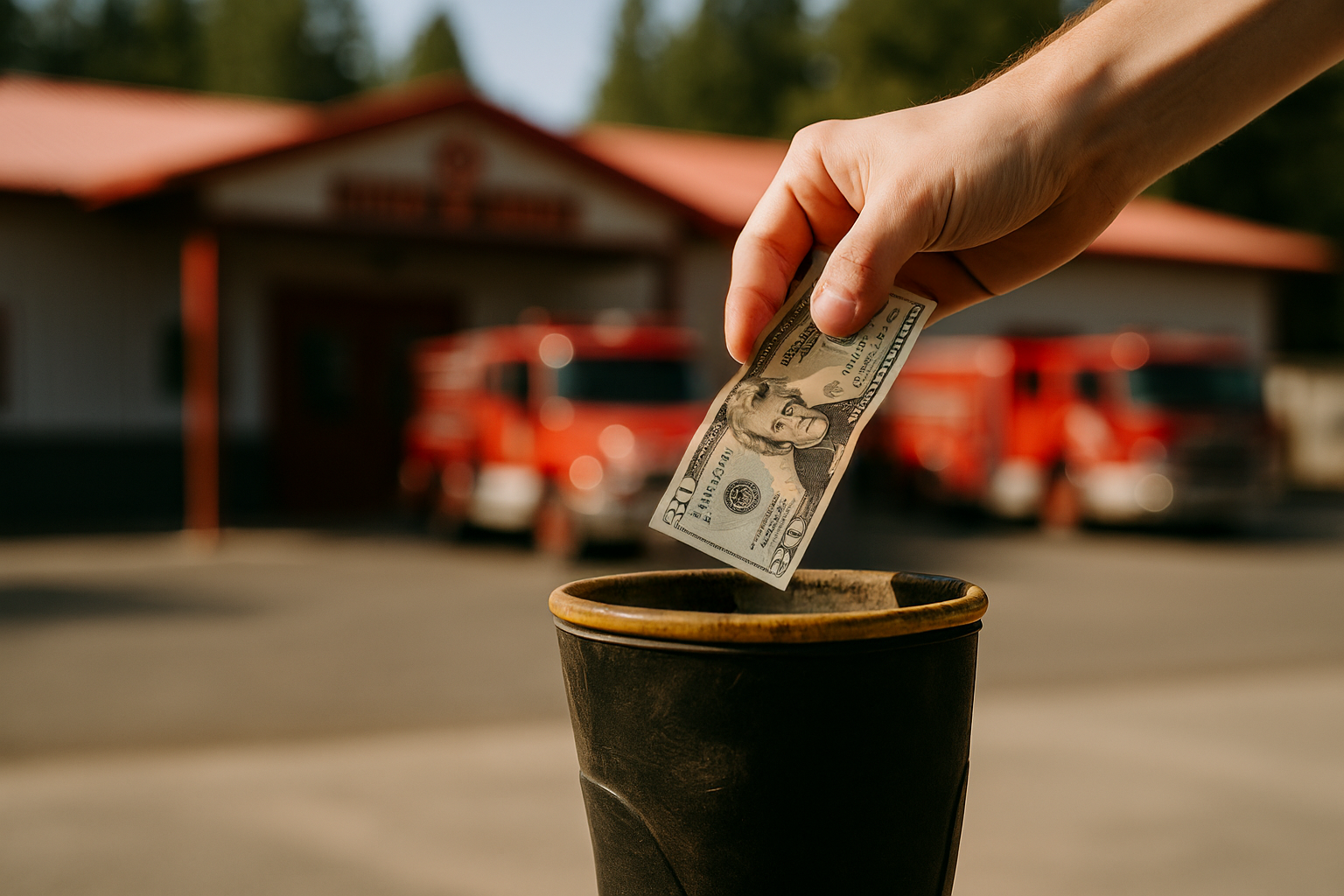 A hand places a $20 bill into a boot with a blurred fire station and fire trucks in the background.