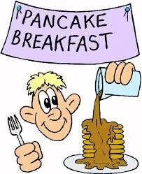 A cartoon character with pancakes and syrup under a "Pancake Breakfast" sign.