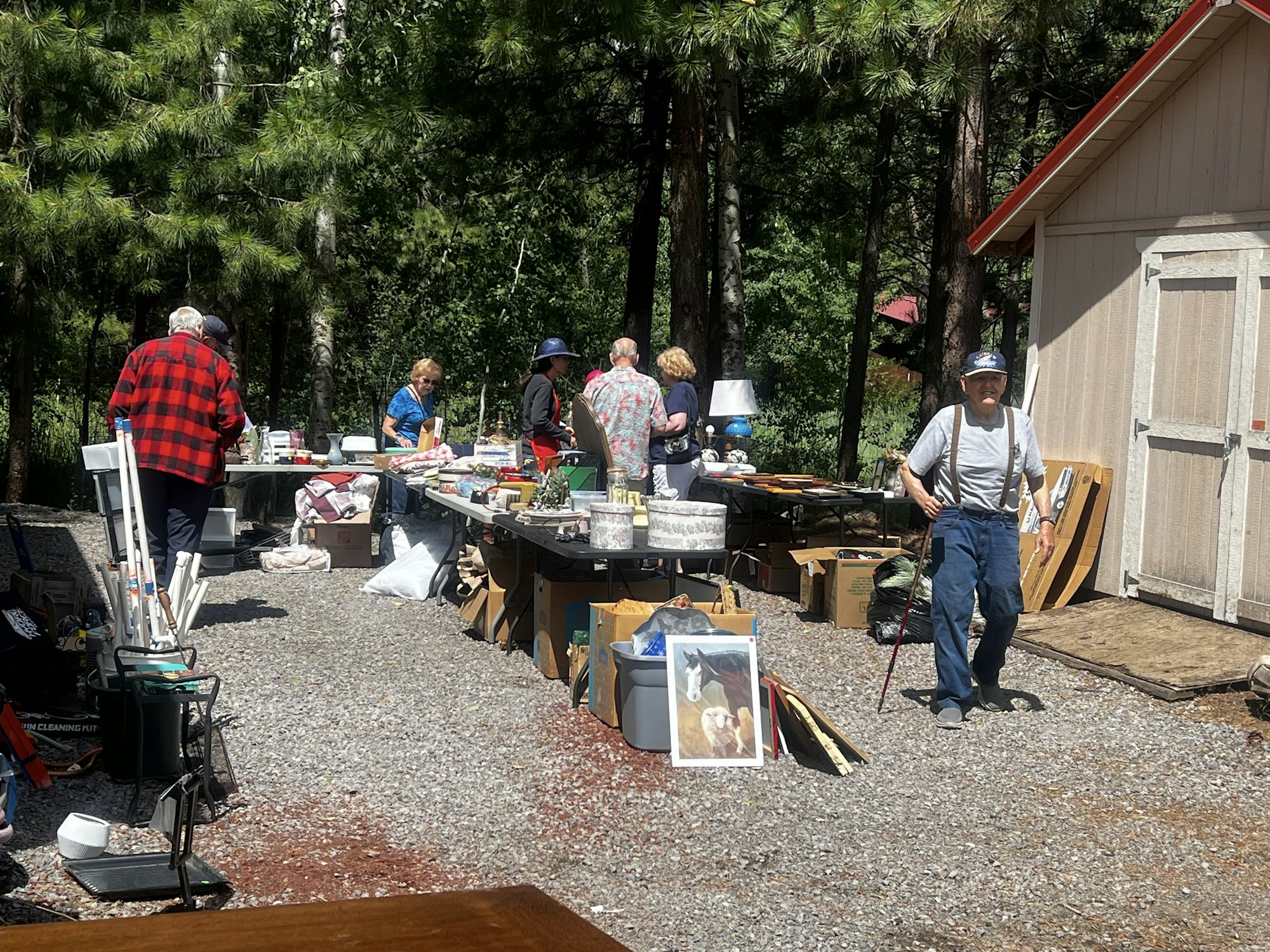 A yard sale with people browsing items displayed on tables outside near trees and a shed.