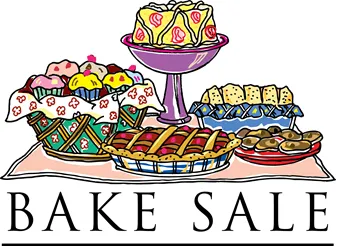 Assorted baked goods displayed at a bake sale, including cakes, pies, and pastries.