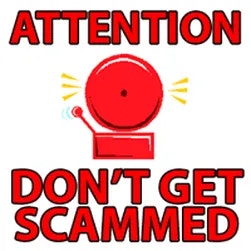 Red alarm bell with text: "ATTENTION DON'T GET SCAMMED."