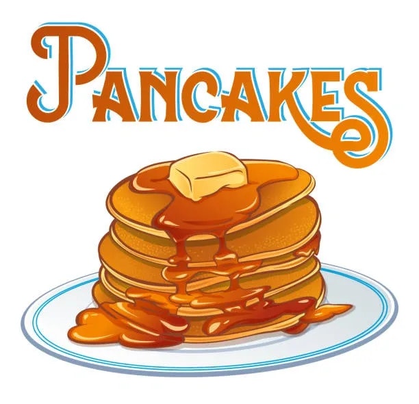 Stack of pancakes with syrup and butter on a plate, with the word "Pancakes" above.